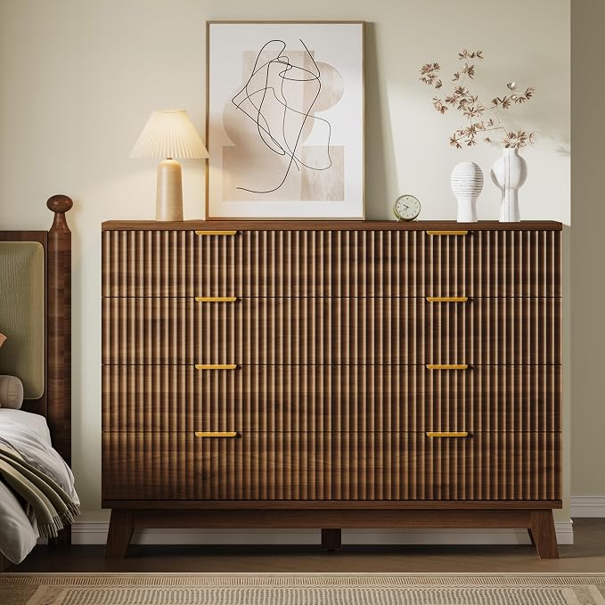 BORNOON Fluted 8 Drawer Tall Dresser, 47.2" Wide Modern Boho Chest of Drawers, Wooden Storage Dresser TV Stand for Bedroom, Living Room, Closet, Hallway, Curved Profile Design
