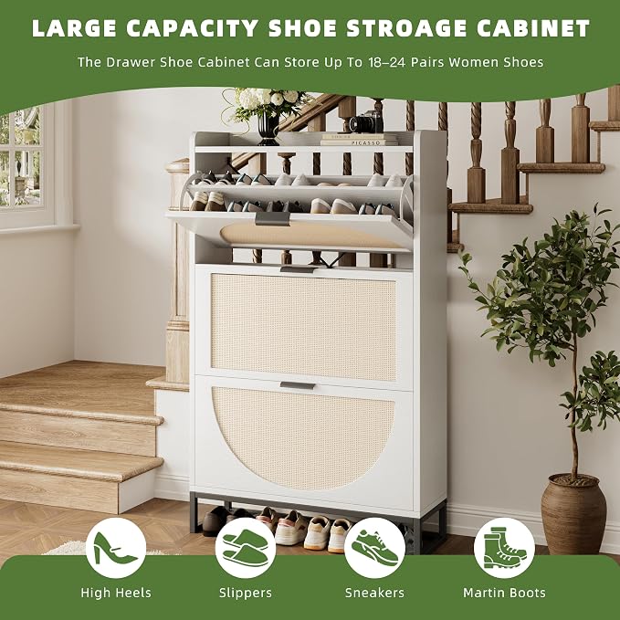 Flip Drawer Shoe Cabinet, Slim Narrow Entryway Storage Furniture with Hidden Flip-Open Organizer, Engineered Wood & Veneer Construction, Hallway Living Room Foyer, 3 Drawer, White