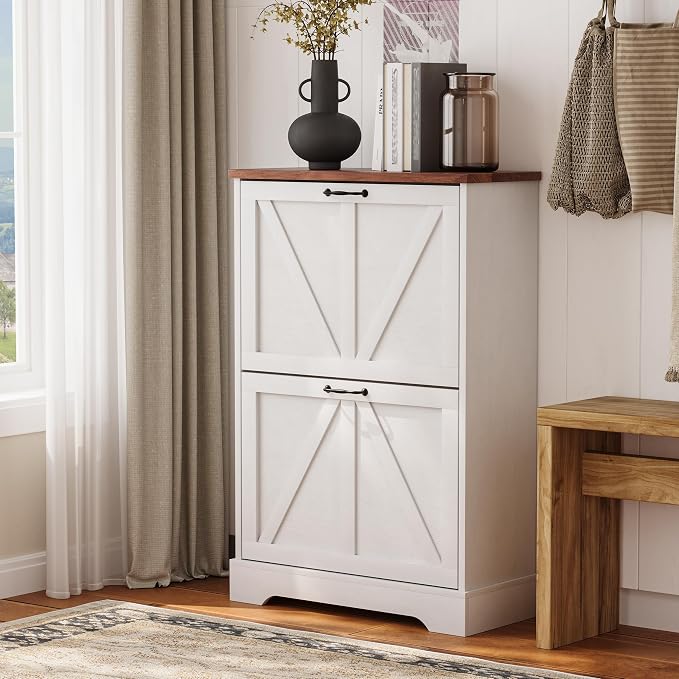 Semiocthome Farmhouse Shoe Storage Cabinet with 2 Flip Drawers, 23.6"(W) Freestanding Shoe Organizer with Barn Door and Metal Handles for Entryway, Rustic Narrow Slim Shoe Rack Cabinet - White