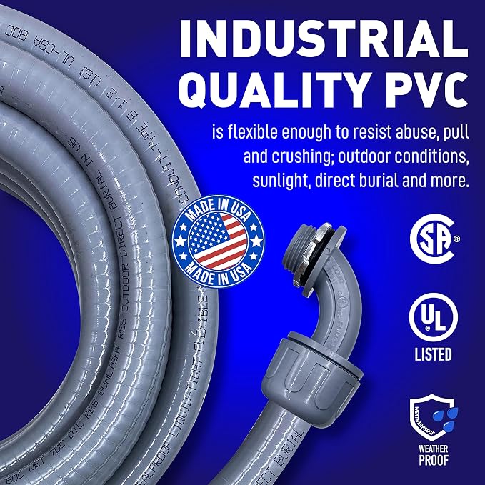Sealproof 1-Inch Non-metallic Liquid-Tight Conduit and Connector Kit, 25 Foot Made in USA Flexible Electrical Conduit Type B with 4 Straight and 2 90-Degree Conduit Connector Fittings, 1" Dia