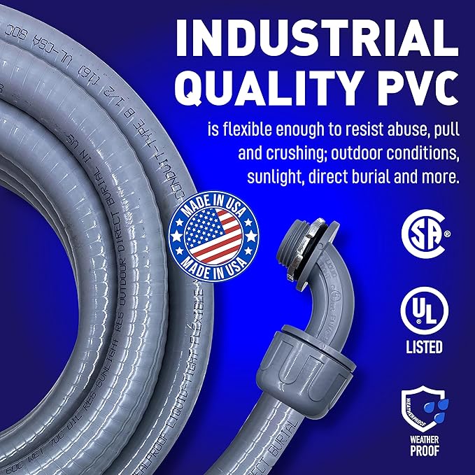 Sealproof 3/4-Inch Non-metallic Liquid-Tight Conduit and Connector Kit, 25 Foot Made in USA Flexible Electrical Conduit Type B with 4 Straight and 2 90-Degree Conduit Connector Fittings, 3/4" Dia