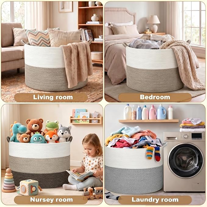XXXXL 125L Extra Large Blanket Basket, 24.8" x 16" Jumbo Woven Basket (Includes 2 Cute Baskets), Cotton Rope Basket with Handle for Living Room, Baby Toys Nursery, Laundry (White/Gradient Brown)