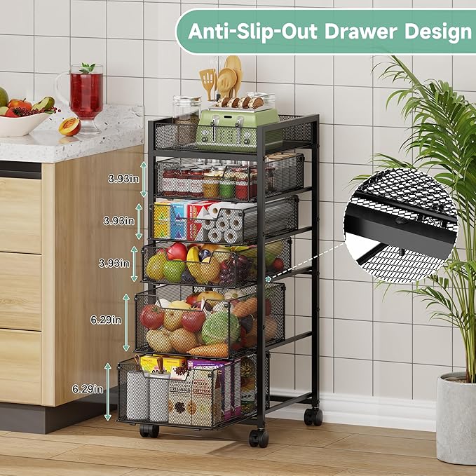 6-Tier Rolling Cart with 5 Drawers & Top Basket, Snack Cart with Wheels | Metal Utility Storage Cart - Fruit Vegetable Rack on Wheels, Kitchen Organization for Cans, Spices, Craft, Art, Beauty