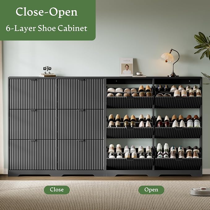 Xixini Shoe Storage Cabinet for Entryway with 6 Flip Drawers, Hidden Slim Wood Shoe Organizer with Modern Fluted Panel, Freestanding Narrow Shoe Rack for Front Door Entrance, Hallway, Foyer, Black