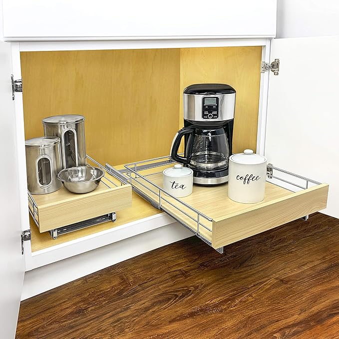 LYNK PROFESSIONAL® SELECT™ Pull Out Cabinet Organizer, 17" x 21" Slide Out Drawers for Kitchen Cabinets - Sliding Pull-Out Pantry Shelves – Home Shelf Organizers - Lifetime Ltd. Warranty, Wood Chrome