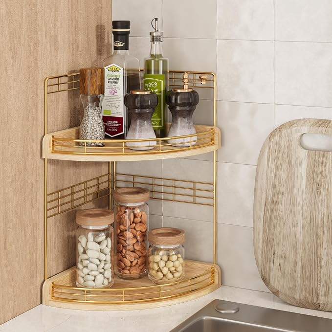 Bathroom Countertop Corner Organizer for Small Spaces, 2-Tier Counter Shelf | Oak Wood & Iron Counter Shelf for Sink & Vanity Corners, Skincare, Toiletries, Space-Saving, Compact Vertical Storage Natural
