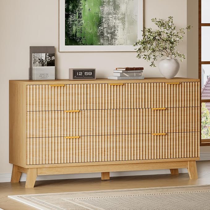 BORNOON 57" Long Dresser for Bedroom, 7-Drawer Fluted Chest, Wide Wood Storage Dresser with Metal Slides and Handles, Stable Base, Modern Clothes Organizer for Primary Suite, Guest Room, Nursery