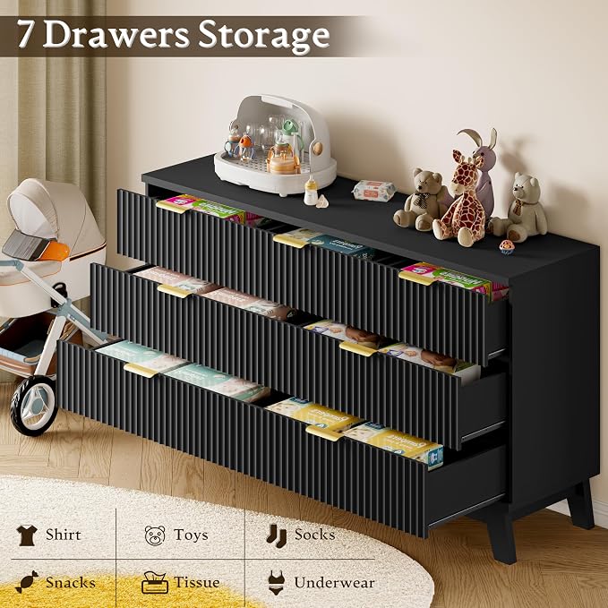 BORNOON Fluted 7 Drawer Dresser, 47.2" Wide Modern Boho Chest of Drawers, Wooden Storage Dresser TV Stand for Bedroom, Living Room, Closet, Hallway, Curved Profile Design