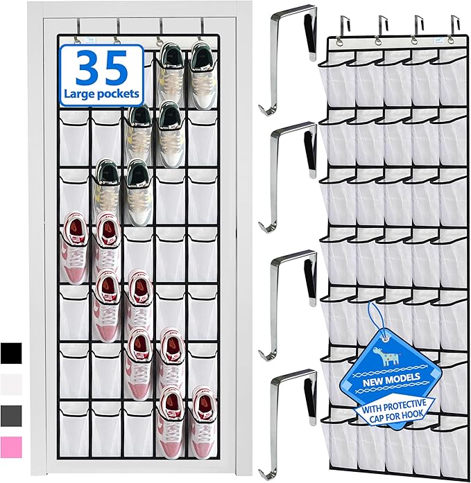 Over the Door Shoe Organizer, 2025 Upgrade 35 Large Pockets for Shoe Storage, Hanging Shoe Holder with Metal Hook, Clear Shoe Rack for Closet Bathroom Door Space Saving - White/Black