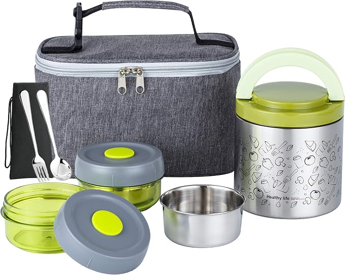 Lille Home Stainless Steel Thermal Lunch Box Set with Lunch Bag and Cultery | 22 Oz Vacuum Insulated Lunch Bento Box, to Keep Food Warm/Cool, 2 Small Food Container for Snack, Fruits and Sauces (Green)