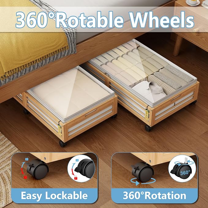 Under Bed Storage Containers with Wheels, Larger Bamboo Wood Under Furniture Storage Containers with Dust Bags，Rolling for Shoes Clothes