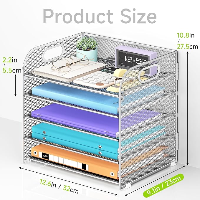Cawukege 5 Tier Paper Organizer with Handle, Silver Metal Mesh Desk Organizer File Folder Paper Letter Tray Desktop Document Sorter for Classroom, School, Office Accessories Organization and Storage