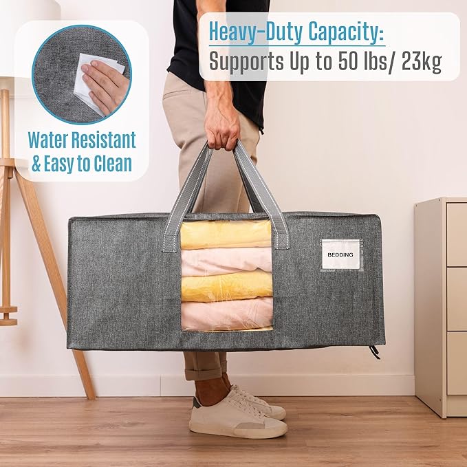 VENO 10 Pack Heavy Duty Moving Bags, Christmas Storage Bins with Lids, Transparent Window Design, Alternative to Moving Boxes, Storage Bags for Clothes, Blankets, Comforters, Pillows (Gray, 10 Pack)