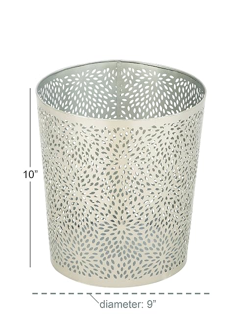 CosmoLiving by Cosmopolitan Metal Floral Trash Can 9" x 9" x 10", Silver | Office trash can, small waste bin, bathroom waste basket small, laser carved design, 9 x 9 x 10 in