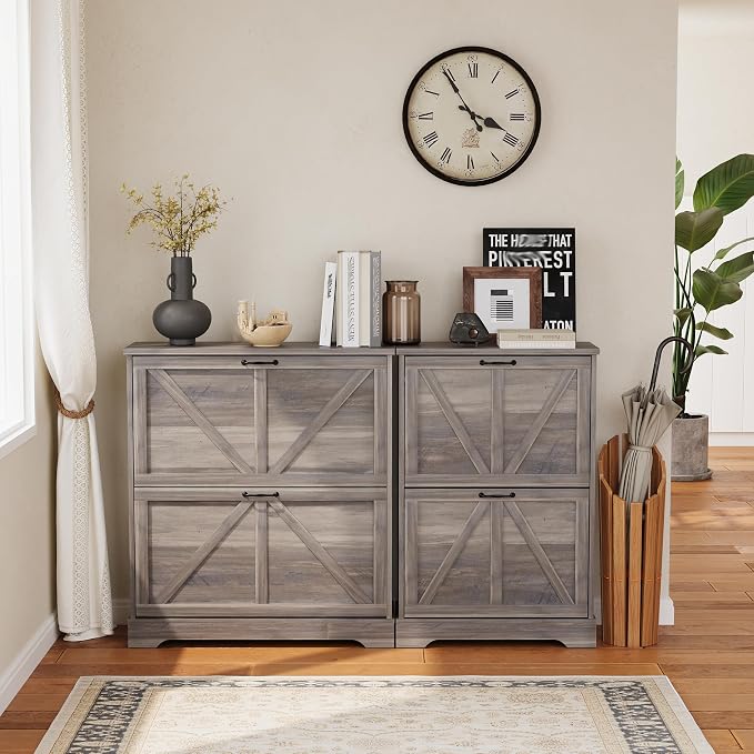 Semiocthome Farmhouse Shoe Storage Cabinet with 2 Flip Drawers, 23.6"(W) Freestanding Shoe Organizer with Barn Door and Metal Handles for Entryway, Rustic Narrow Slim Shoe Rack Cabinet - Washed Gray
