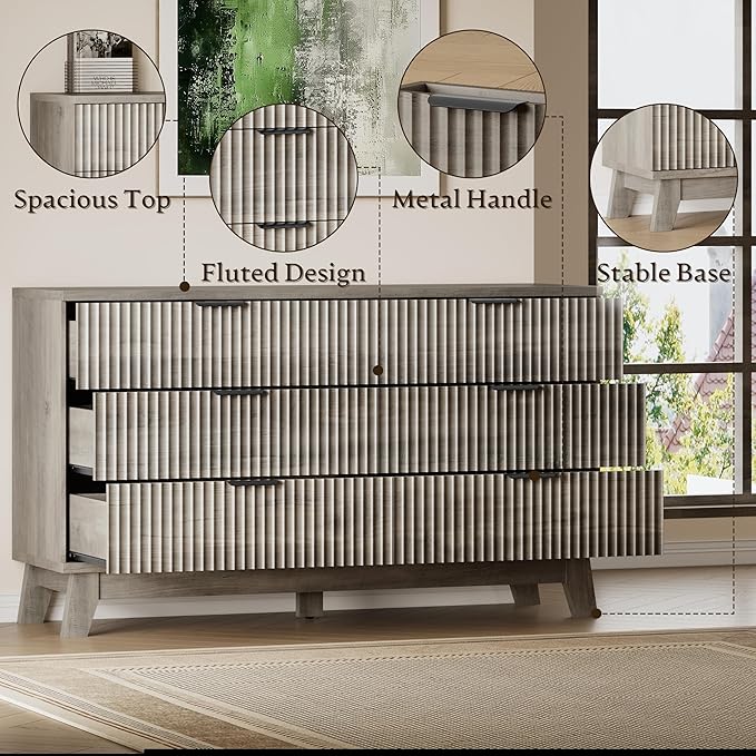 BORNOON 53" Long Dresser for Bedroom, 6-Drawer Dresser with Fluted Fronts, Wide Wood Chest of Drawers, Smooth Metal Slides, Stable Base, Modern Clothes Storage Cabinet for Living Room, Hallway