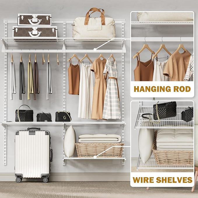 Closet System Wall Mounted 4-10.5 Ft, Heavy Duty Adjustable Wire Shelving with Hanging Rod, Custom Organizer Kit for Bedroom Laundry Mudroom, White