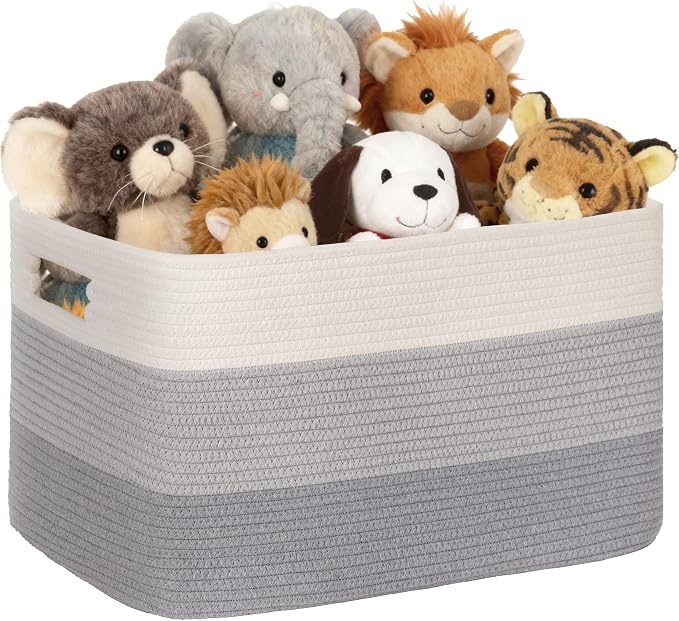 60L Woven Laundry Basket Hamper with Handles, Gradient Grey | 21"x15"x11", collapsible wicker hamper, storage for dirty clothes, toys, blankets, gifts, living room, bedroom, bathroom