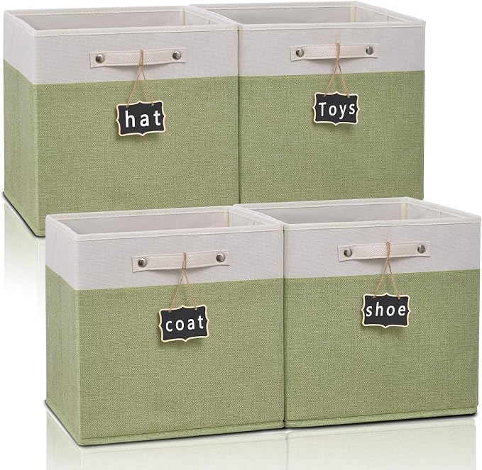 13x13x13 Inch Large Foldable Fabric Linen Cube Storage Bins【4-pack】, with Cotton Handles Closet Bins for Cabinet Shelves Home Organization and Storage bins(White&green)