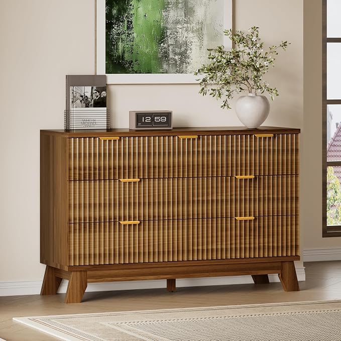 BORNOON Fluted 7 Drawer Dresser, 47.2" Wide Modern Boho Chest of Drawers, Wooden Storage Dresser TV Stand for Bedroom, Living Room, Closet, Hallway, Curved Profile Design
