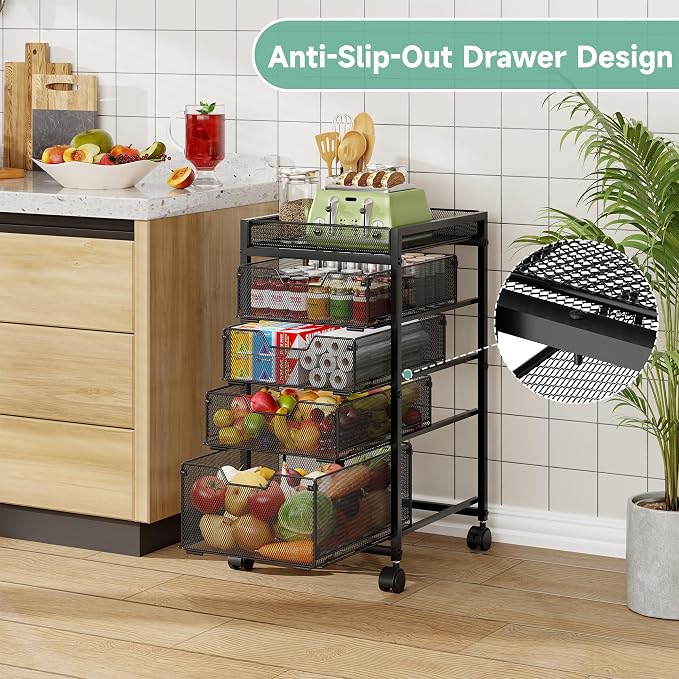 5-Tier Rolling Cart with Drawers & Top Basket, Snack Cart with Wheels | Metal Kitchen Utility Storage Cart - Fruit Vegetable Storage Stand, Kitchen Organization Rack for Cans, Craft, Art, Beauty