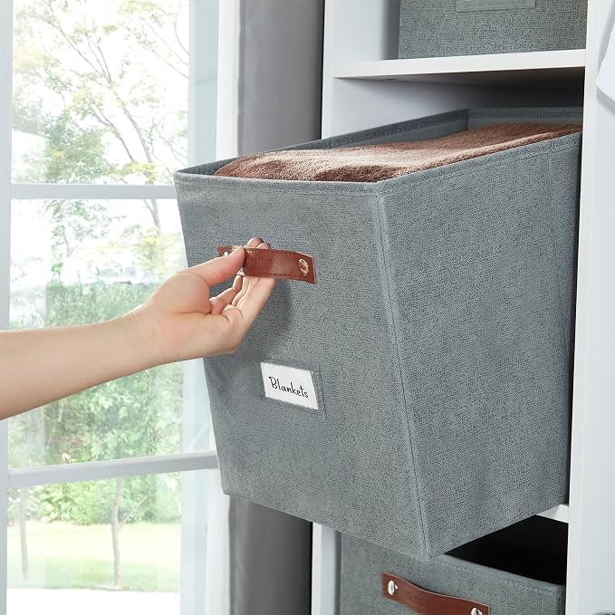DECOMOMO Storage Baskets, 13x15x13 Storage Cube Bins with Labels for Organizing Shelves (Kallax / 4pcs, Texture Grey)