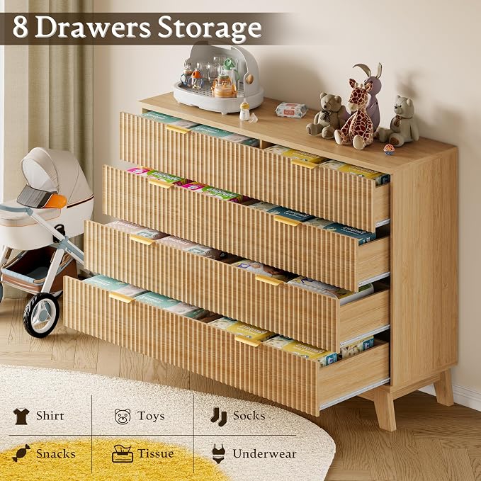 BORNOON 53" Wide Dresser for Bedroom, 8-Drawer Fluted Chest of Drawers, Modern Wood Highboy with Metal Slides and Handles, Anti-Tip Kit, Vertical Clothes Storage Organizer for Apartment, Closet