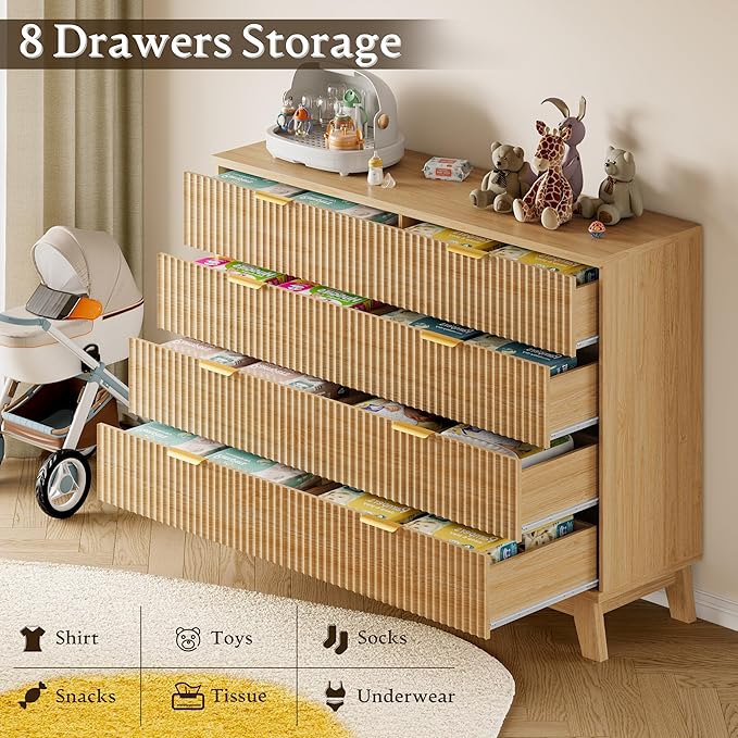 BORNOON Fluted 8 Drawer Tall Dresser, 47.2" Wide Modern Boho Chest of Drawers, Wooden Storage Dresser TV Stand for Bedroom, Living Room, Closet, Hallway, Curved Profile Design
