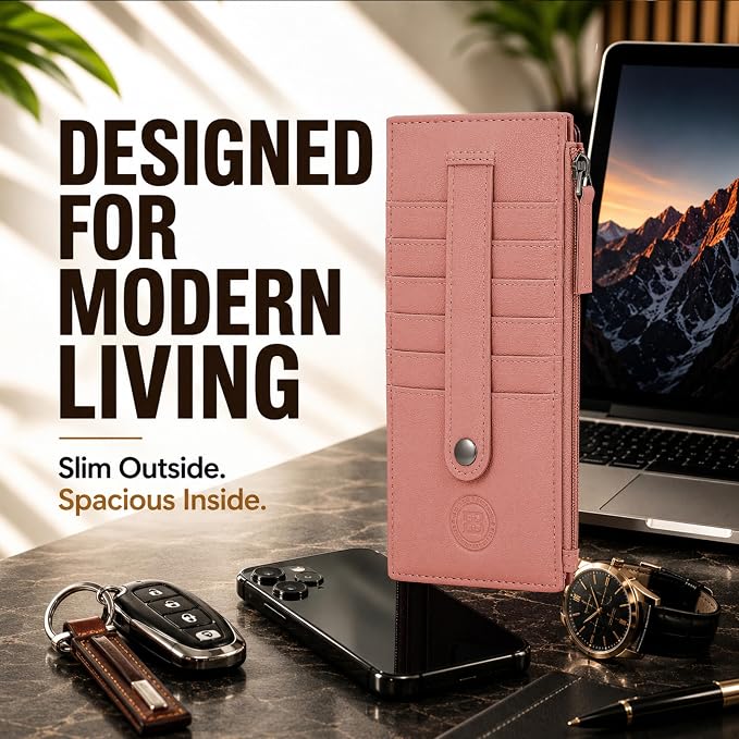 Leatherboss Genuine Leather All in One Card Case Holder Slim Wallet With a Card Protection Strap, Peach