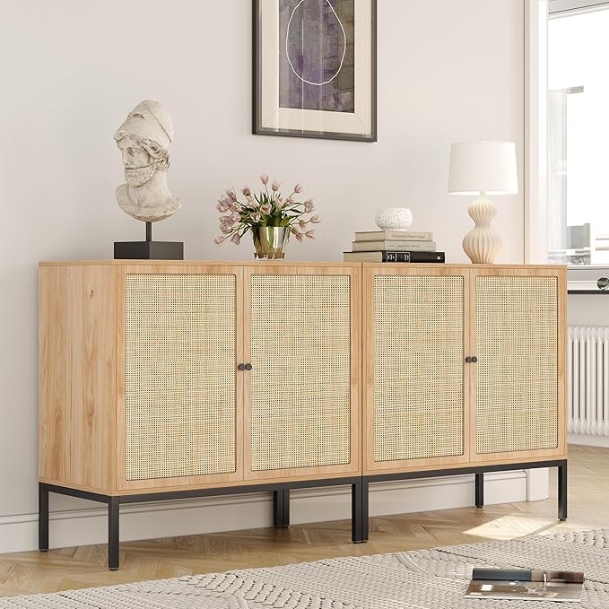 Yechen Set of 2 63" Sideboard Cabinet with Natural Rattan Doors, Buffet Console & Accent Cabinet, Rattan Credenza Storage with Metal Legs for Living Room, Kitchen, Dining Room