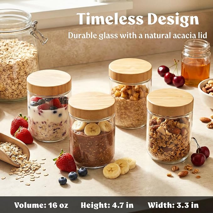 EDELHAUS Overnight Oats Containers with Lids Bamboo (4 x 16oz) Glass Jars for Oatmeal, Meal Prep, Food Storage | Leak-Proof Mason Jars for Oats, Cereal, Yogurt, Chia Pudding [Thicker Glass 3mm]
