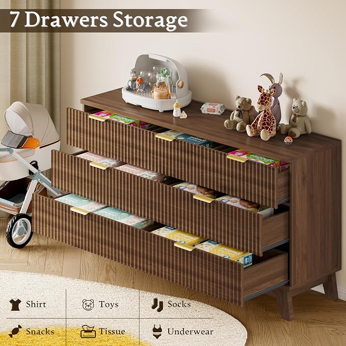 BORNOON Fluted 7 Drawer Dresser, 47.2" Wide Modern Boho Chest of Drawers, Wooden Storage Dresser TV Stand for Bedroom, Living Room, Closet, Hallway, Curved Profile Design