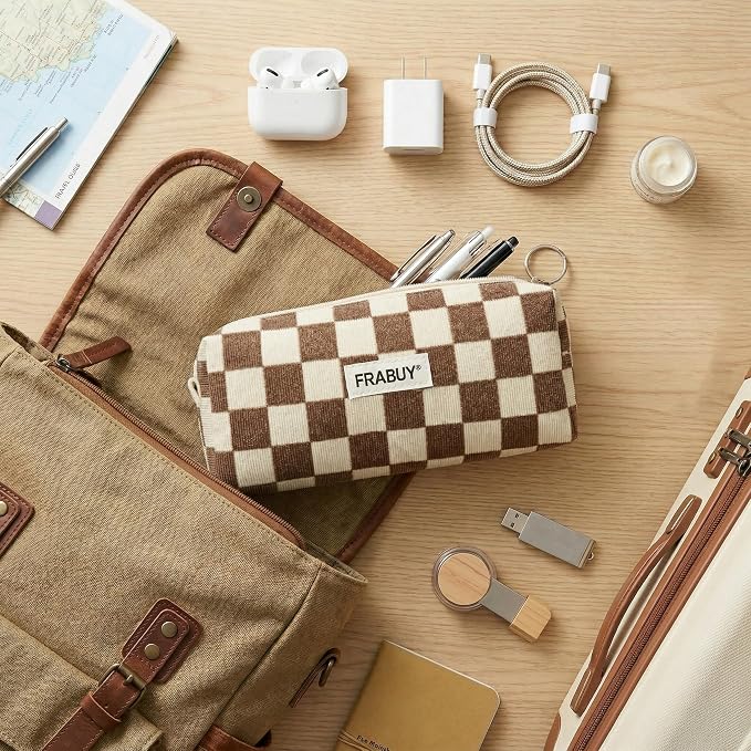 Soft Corduroy Pencil Case Pen Pouch Organizer, Small Stationery Bag | Cute brown checkerboard pouch, smooth zipper, daily cosmetics holder, compact organizer for school teen girls, women