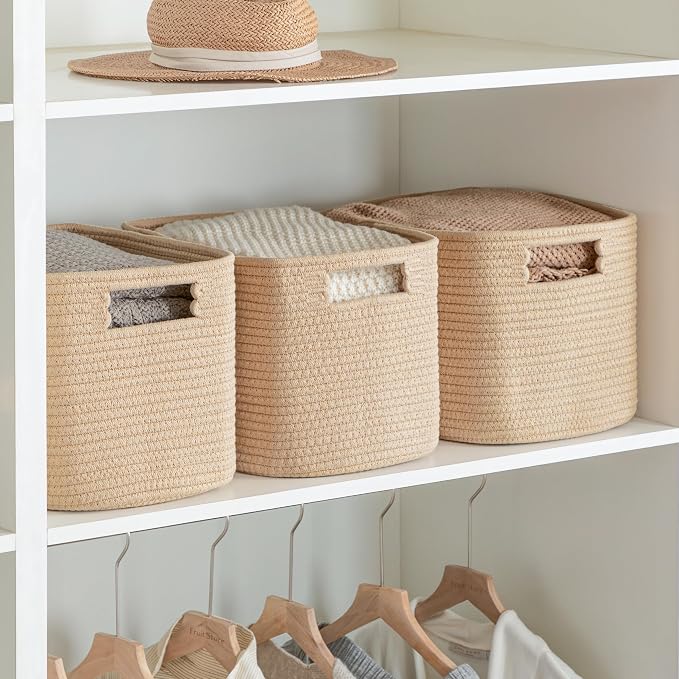 4 Pack Storage Baskets for Organizing, Shelf Baskets with Handles, Brown | 14.5"L x 9.8"W x 9"H, Woven Basket, Cotton Rope Basket, Toy Storage, Cube Shelf, Gift Baskets Empty, Home Decor
