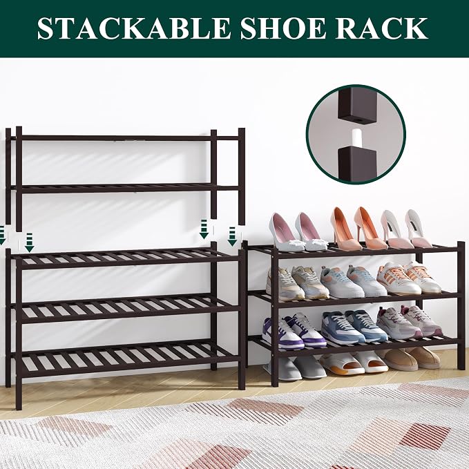 Smiry Bamboo Shoe Rack for Closet, 2 Tier Wooden Shoe Organizer, Stackable Wood Shoe Storage Shelf for Entryway, 14 Vertical Slats, One-piece Heavy-Duty Legs, 26.77"x11.02"x12.99", Brown
