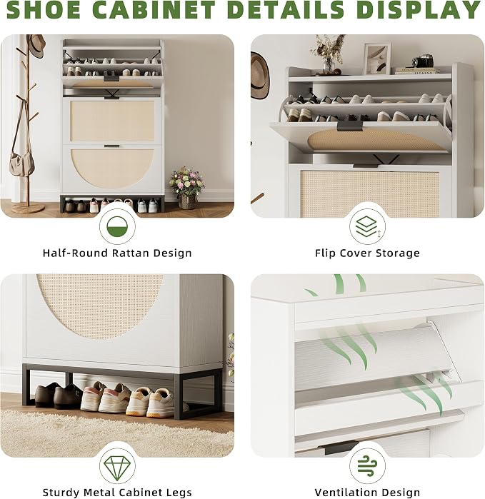 Flip Drawer Shoe Cabinet, Slim Narrow Entryway Storage Furniture with Hidden Flip-Open Organizer, Engineered Wood & Veneer Construction, Hallway Living Room Foyer, 3 Drawer, White