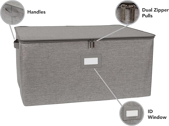 Covermates Keepsakes Zip-Top Storage Box Set, 3 Pack Heavy Duty Polyester Organizer Bins, Stackable Design, ID Window, Reinforced Handles, Closet Home Storage, Grey Heather