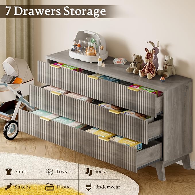 BORNOON Fluted 7 Drawer Dresser, 47.2" Wide Modern Boho Chest of Drawers, Wooden Storage Dresser TV Stand for Bedroom, Living Room, Closet, Hallway, Curved Profile Design
