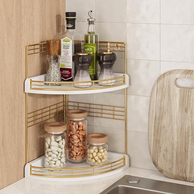 Bathroom Countertop Corner Organizer for Small Spaces, 2-Tier Counter Shelf | Oak Wood & Iron, Fan-Shaped Counter Shelf for Sink & Vanity Corners, Skincare, Toiletries, Compact Vertical Storage, White