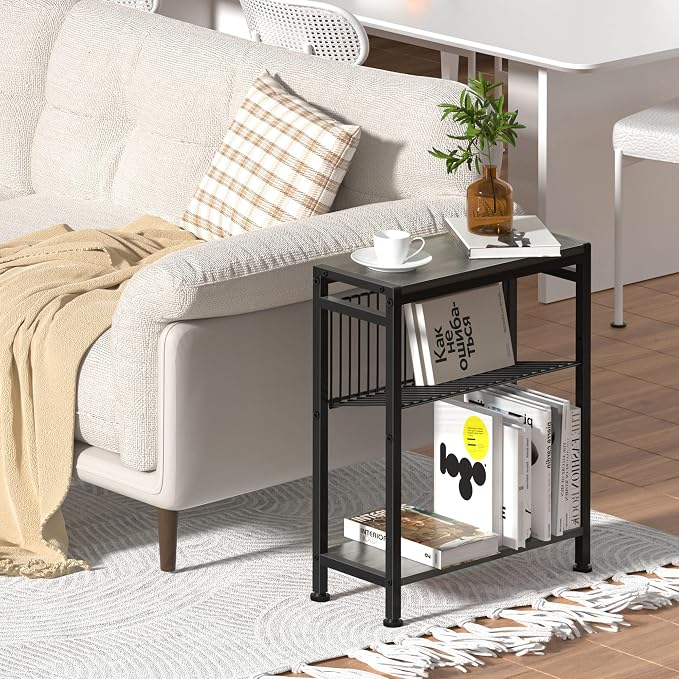 Side Table for Small Spaces, Set of 2 Narrow End Table with Magazine Holder, 2 in 1 Design Slim Side Table, Skinny Nightstand for Living Room Bedroom, Thin Side Magazine Table, Grey
