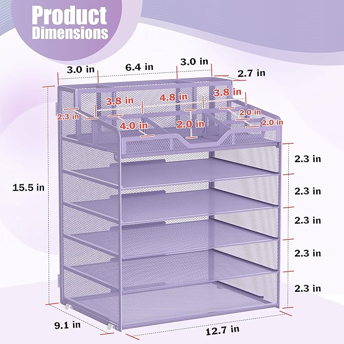 Docnest 6 Tier Mesh Desk Organizer for Paper Office Supplies – Multi-Functional Letter Tray with 5 Adjustable Compartments, 5 Pen Holders, Desktop Storage for Files, Mail, Stationery – Purple