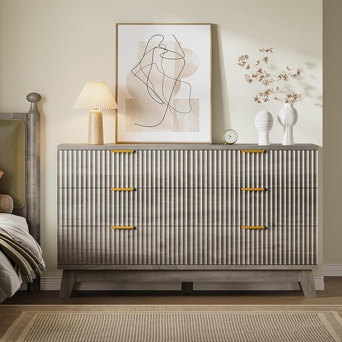 BORNOON Fluted 6 Drawer Dresser, 47.2" Wide Modern Boho Chest of Drawers, Wooden Storage Dresser TV Stand for Bedroom, Living Room, Closet, Hallway, Curved Profile Design