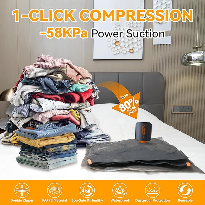 Travel Vacuum Bags for Clothing with Rechargeable Cordless Pump,Vacuum Storage Bags,12 Pack Vacuum Bags,Compression Packing for Clothes,Pillows,Comforters & Travel