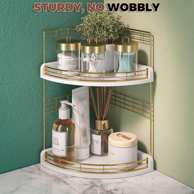 Bathroom Countertop Corner Organizer for Small Spaces, 2-Tier Counter Shelf | Oak Wood & Iron, Fan-Shaped Counter Shelf for Sink & Vanity Corners, Skincare, Toiletries, Compact Vertical Storage, White
