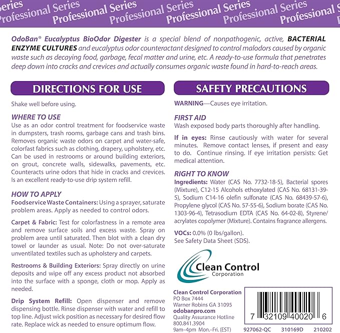 OdoBan Professional Cleaning Ready-to-Use BioOdor Digester Harsh Aroma Counteractant, Made in the USA, 2-Pack, 1 Gallon Each