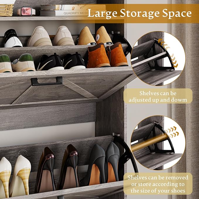 Wodeer Shoe Storage Cabinet with 2 Flip Drawers, Narrow Wood Shoe Cabinet Storage for Entryway with Metal Legs & Hooks, Adjustable Shelves, Freestanding Shoe Rack Organizer for Foyer, Hallway, Grey
