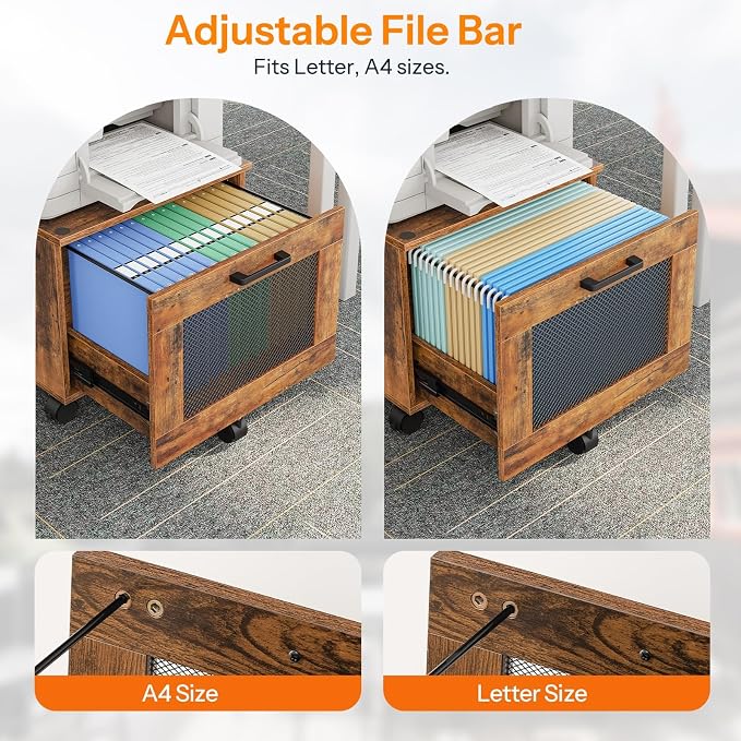 HOOBRO File Cabinet, Rolling File Cart, Under Desk Small Filing Cabinet, File Organizer Box, Home Office File Basket with Drawer for A4, Letter Files, Rustic Brown and Black BF11WJ01G1