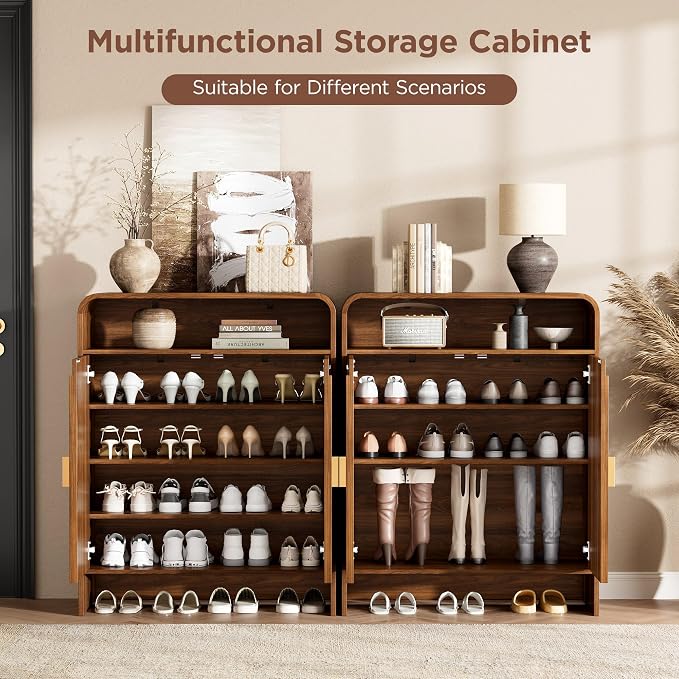 Maupvit Modern Shoe Cabinet for Entryway, Shoe Storage Cabinet with Fluted Doors, Wood Shoe Organizer with Open Shelves & Golden Handles, Freestanding Shoe Rack for Hallway, Living Room, Walnut