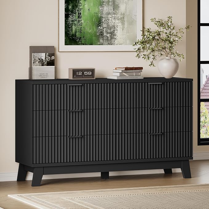 BORNOON 53" Long Dresser for Bedroom, 6-Drawer Dresser with Fluted Fronts, Wide Wood Chest of Drawers, Smooth Metal Slides, Stable Base, Modern Clothes Storage Cabinet for Living Room, Hallway