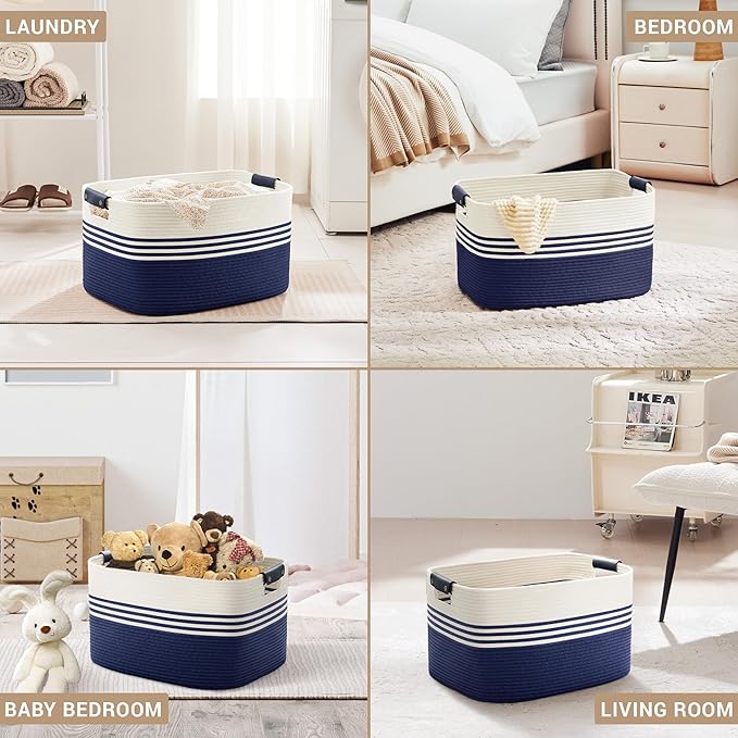 60L Woven Laundry Basket Hamper with Leather Handles,Navy | 21"x15"x11", collapsible wicker hamper, storage for dirty clothes, toys, blankets, gifts, living room, bedroom, bathroom